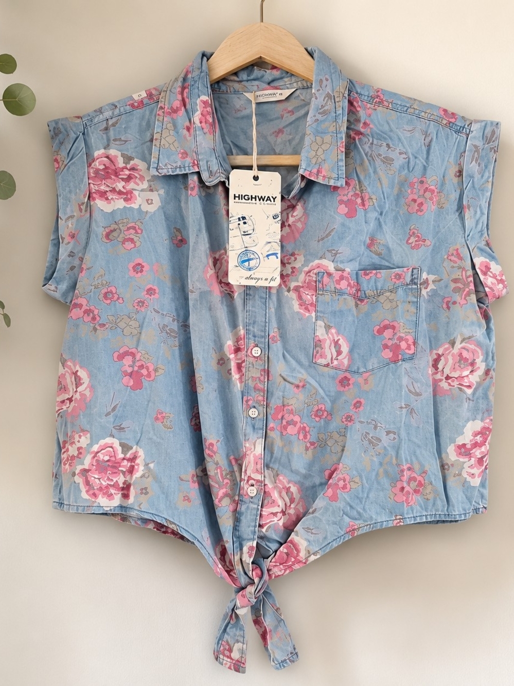 Highway Blue Floral Tie-Front Crop Shirt